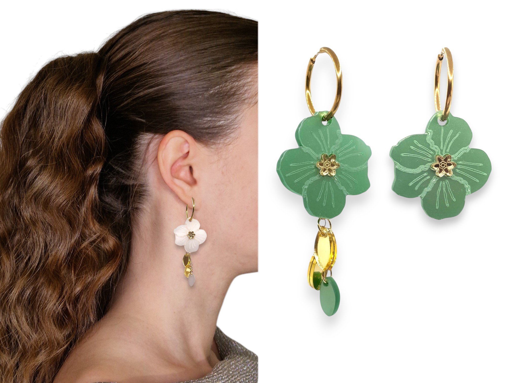 Vieno sovituskuva | Puiset korvakorut | Korvakorut | Koruliike Auros Kotimainen verkkokauppa Side by side collage left shows a womans ear with a white flower drop earring right shows green flower earrings with gold hoops | Puiset korvakorut | Korvakorut | Koruliike Auros Kotimainen verkkokauppa